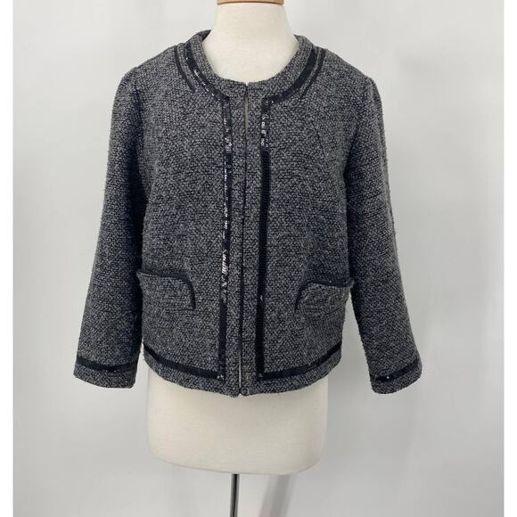 Cynthia Rowley Sweater Coat Tweed Wool Collarless Sequined Piping Grey Womens L - Picture 3 of 10